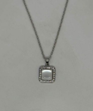 Elegant stainless steel necklace featuring a cushion-shaped mother of pearl pendant framed by small sparkling cubic stones