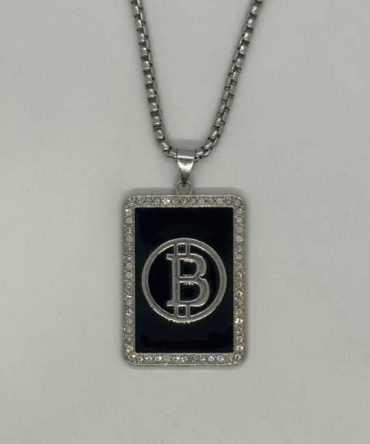 Stainless steel B shaped pendant necklace featuring a black enamel background